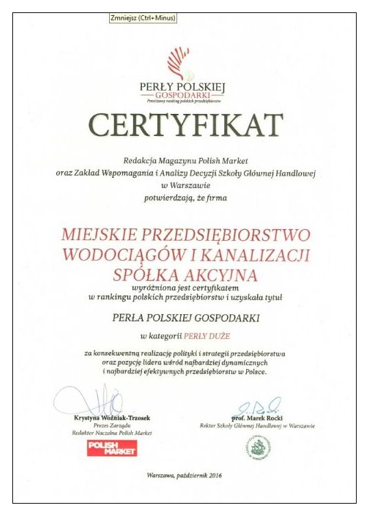 The Certificate of Pearls of the Polish Economy for the Kraków Waterworks.