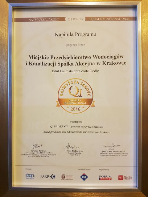 The highest quality certificate for the Kraków Waterworks.