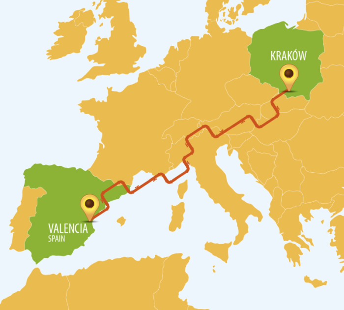 Map of Europe. Poland and Spain are marked. Line connects Kraków and Valencia.